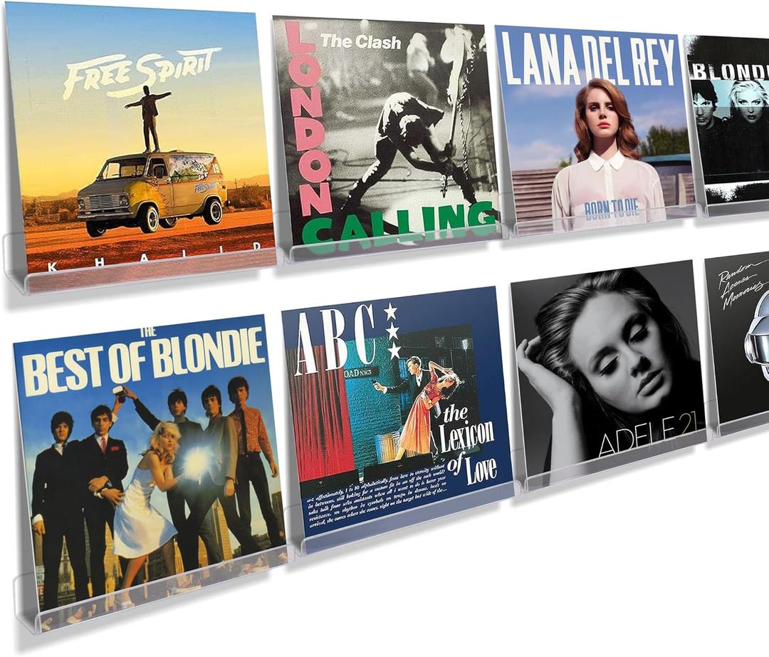 Upsimples 8 Pack Vinyl Record Wall Mount Shelves, 12" Vinyl Holder for Album Record Storage & Display, Clear Acrylic Floating Shelves for Wall Decor, Kids Bookshelf, Magazine Rack, Picture Ledge