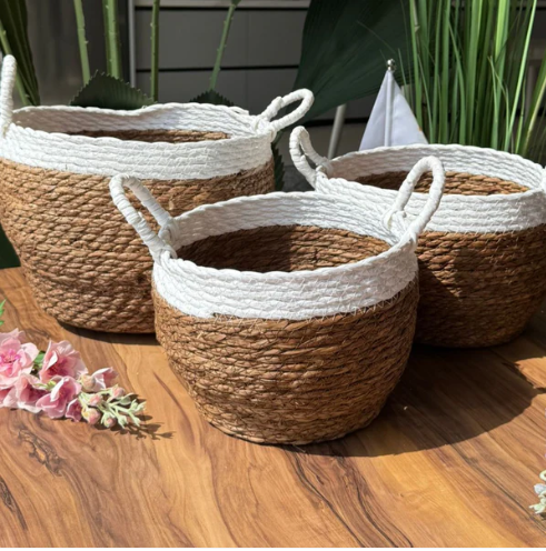 Two-Tone Seagrass Baskets with Handles - Set Of 3, Natural Brown With White