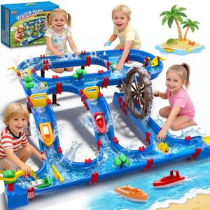 VATOS Double-Tier Watermill Summer Toy, 120 PCS DIY Water Table Toys for Kids, Girls, Boys 4-6 Years, Outdoor Water Toys Backyard, Beach, Balcony, Garden Fun Water Playset for Kids Pets