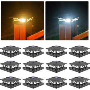 VOLISUN Solar Post Cap Lights: 12 - Pack Outdoor Deck Post Cap Lights Black for Dock Fence Waterproof 2 Color Modes,4x4/6x6 Wooden/Vinyl Posts
