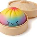 Rainbow Mystery Dumpling Squishies with Steamer Box, Soft Stretchy Bao Bun Stress Relief Balls, Sensory Fidget Squeeze Toys for Anxiety Relief, Decompression Desk Toys