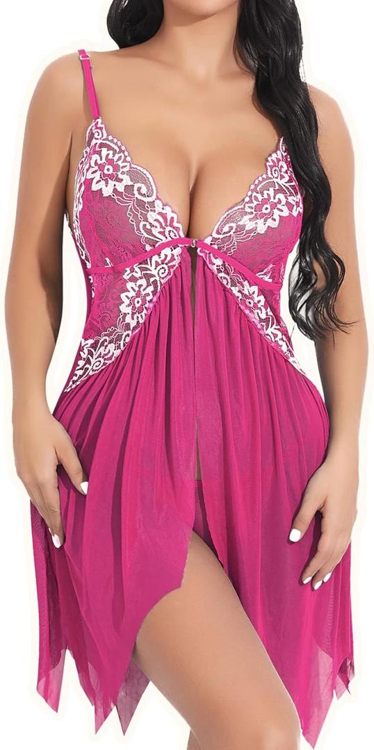 Lingerie for Women Babydoll Chemise Sexy Lingerie Sets Nightgown Lace Dress Sleepwear Teddy Outfits for Women (Pink)