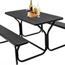 GYMAX Picnic Table, Picnic Bench Easy to Assemble w/All Weather Wood Grain Tabletop & Metal Frame, Picnic Tables for Outdoors Camping Backyard Deck Patio Poolside Dining Party (Black)