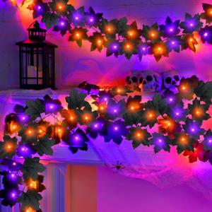 5 Pack Black Halloween Garland with Lights, Total 18 Ft 90 LEDs Orange & Purple Lights, Maple Leaf Garland String Lights Battery Operated for Table Fireplace Porch Halloween Decorations Indoor Outdoor
