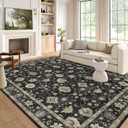 LUXRUG Washable Area Rug 5x7 - Traditional Floral Living Room Rug Soft Boho Farmhouse Bedroom Rug Ultra-Thin Charcoal Black Vintage Dining Room Rugs for Under Table Indoor Carpet for Living Room