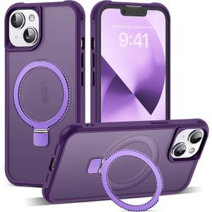 Compatible with iPhone 14 Case & iPhone 13 Case 6.1" with Invisible Ring Stand [Compatible with Mag-Safe] Translucent with Magnetic Kickstand, Purple