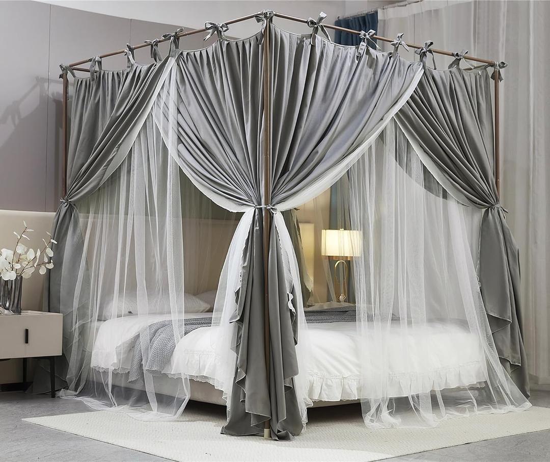 4 Corners Post Princess Curtain Bed Canopy Double Layer Cozy Mosquito Net Mesh and Cloth for Girls Adults Bedroom Decoration (Double-Grey/White, 64" W*82" L*82"*H/(Queen))