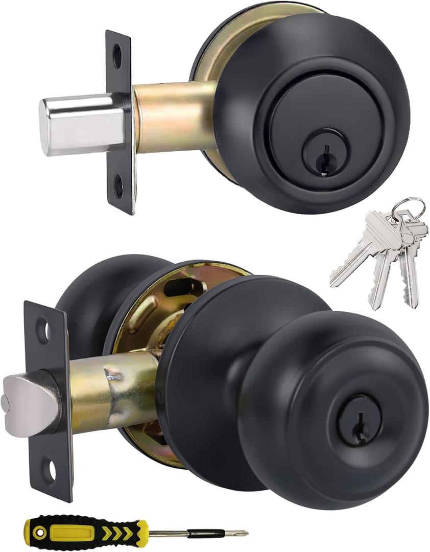 Lanwandeng All Keyed Alike Entry Door Knobs and Single Cylinder Deadbolt Lock Combo Set, Security for Entrance and Front Door with Flat Ball Classic Matte Black Finish