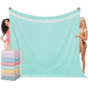 Oversized Turkish Beach Towel Blanket XXL Cotton Sandproof Towels Boho Woven Extra Large Big Sand Free Giant Throw Blankets Huge Quilt XL Picnic Camping Necessities Cloud for Adult Gifts (Cten Aqua)