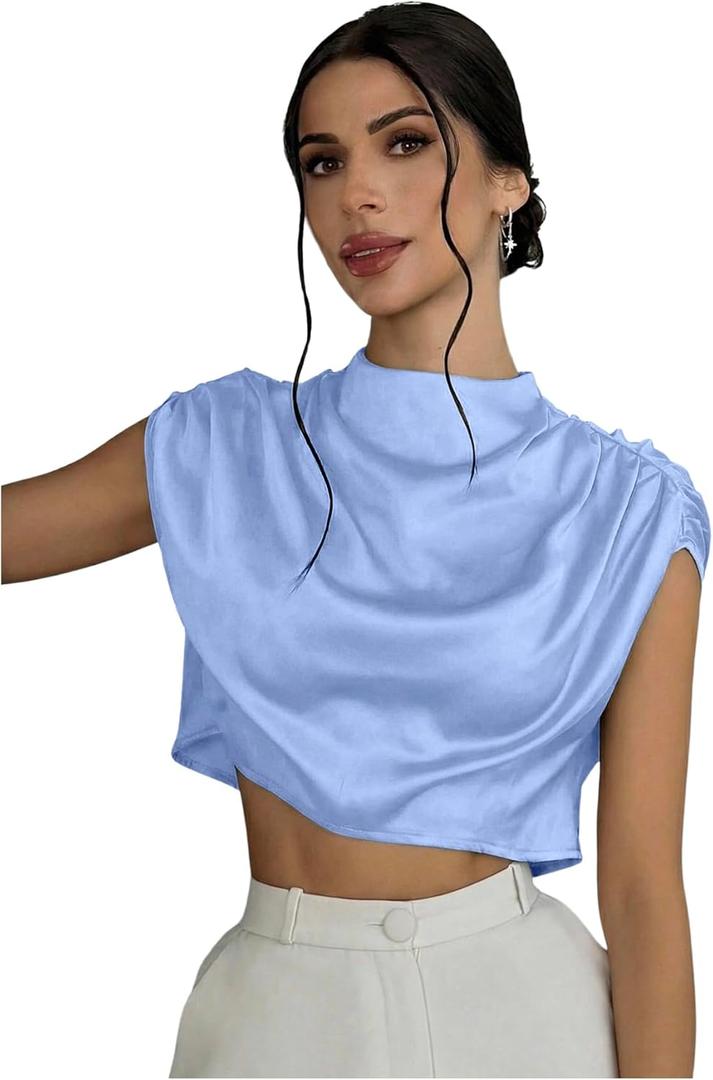 OYOANGLE Women's Mock Neck Elegant Top Satin Blouse Ruched Cap Sleeve Silk Tops Dressy Business Casual Work Shirts (Blue, XL)
