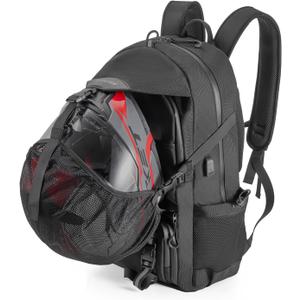 Motorcycle Backpack 50L, Waterproof 1680D Oxford Fabric, Expandable, Motorbike Helmet Bag, Reflective, Helmet Strap, USB, Large Capacity, Laptop Rucksack, Long Distance Travel Backpack, Black