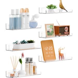 Yieach 6 Pack Acrylic Shelves for Wall Storage- No Drilling Adhesive Shelves - Clear Stick On Bathroom Wall Shelf Organizers,Plastic Floating Shelves for Perfume,Funko,Lego,Skincare,Bookshelf for Kids