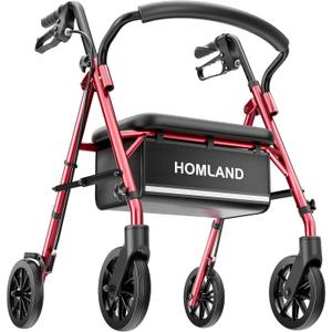 16 Pounds Lightweight Walkers for Seniors with Seat, Narrow Rolling Walker with 4 Puncture-Resistant Wheels, 5-Level Height Adjustable, 300 lbs Weight Capacity (Red)