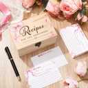 Beeveer 60Pcs Recipe Cards for Bridal Shower Decorations Bridal Shower Games Wedding Party Favors Wooden Box With Recipe Cards Box for Newlyweds Wedding Engagement Party(Pink Bow)