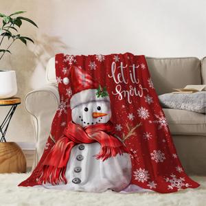 YeeJu Christmas Decorative Throw Blanket Red Cute Snowman Throw Blanket for Couch Sofa Bed Soft Cozy Let It Snow Fuzzy Plush Fleece Blankets and Throws Xmas Blanket 50x60