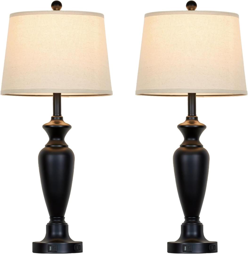 30" Tall Table Lamps Set of 2, Touch Control Bedside Lamp with USB A+C Ports and AC Outlet, 3-Way Dimmable Modern Metal Nightstand Lamp for Bedroom Living Room, 2 LED Bulbs Included, Black