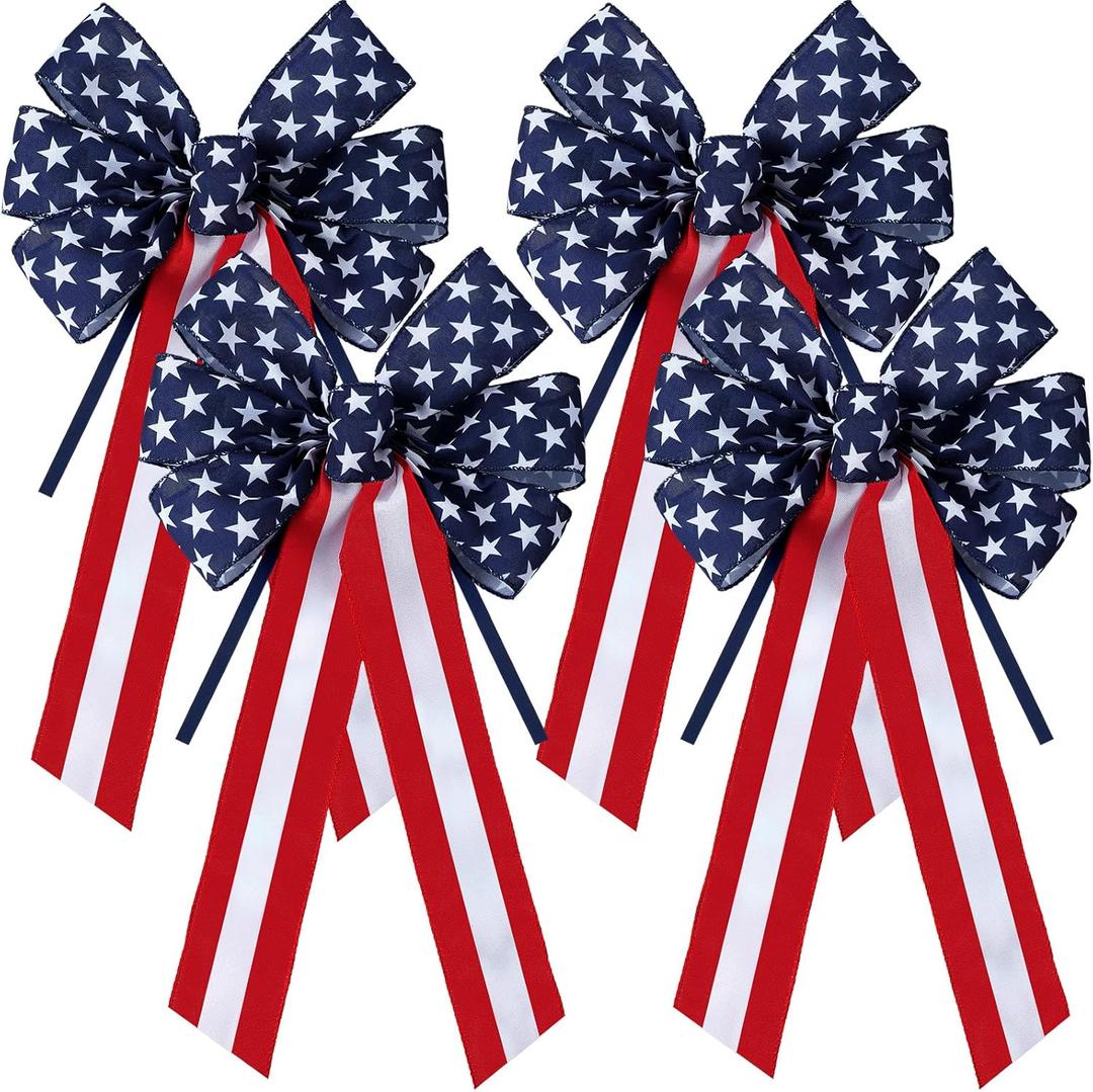 Yunlly 4 Pieces Large Patriotic Star Bows Decor Blue White and Red Stripes and Stars Bows for Indoor Outdoor Patriotic Decorations