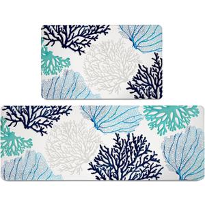 Coastal Beach Kitchen Floor Mat Rugs Set 2 Pcs Anti Fatigue Mats Ocean Themed Coral Non-Slip Comfort Standing Cushioned for Kitchen, Home, Laundry (17.3" x28" + 17.3" x 47" 2/5 Inch Thick, Blue/Teal)