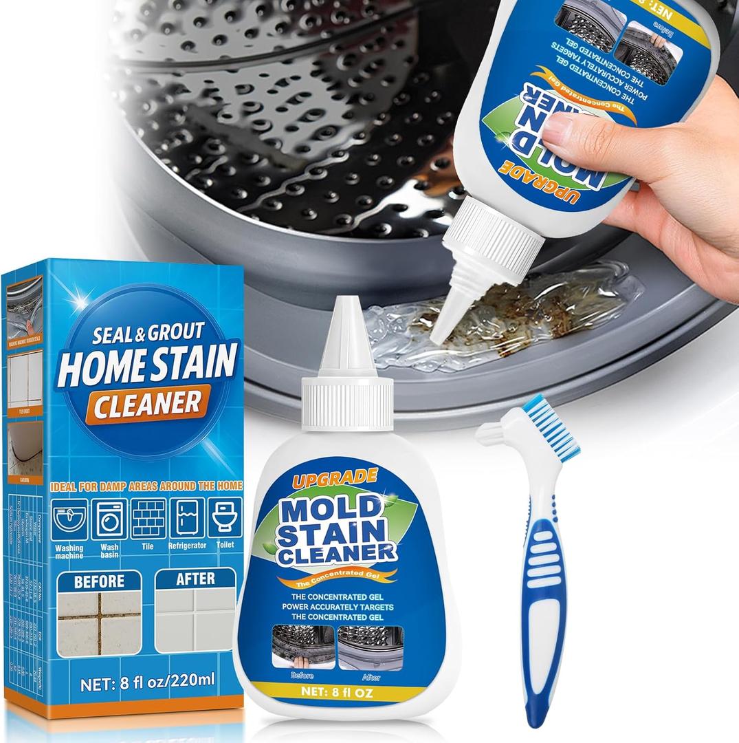 Mold Stain Cleaner Gel, 8 Fl oz Washing Machine Cleaner for Pools, Toilets, Doors and Windows, All-Purpose Household Remover Gel for Washing Machine Seal, Bathroom Grout, Shower Caulk, Tile, Sink (Clear)