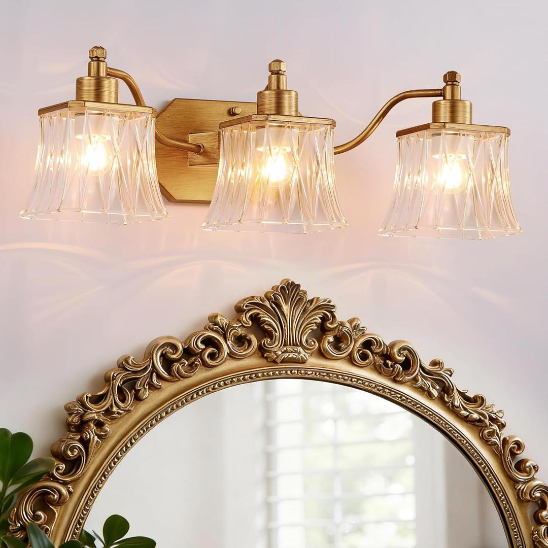 Vintage Bathroom Light Fixtures, 3-Light Gold Vanity Light with Ribbed Crystal Glass Shade, 21.4" Brushed Gold Vanity Lights for Bathroom Bedroom Living Room Hallway, E26 Base