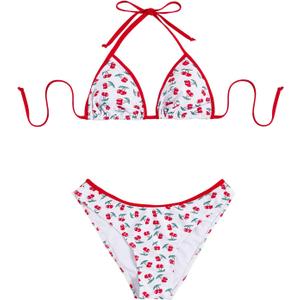 MakeMeChic Women's Cherry Print Bikini Set Halter Triangle Backless Swimwear Bathing Suit (White, L)