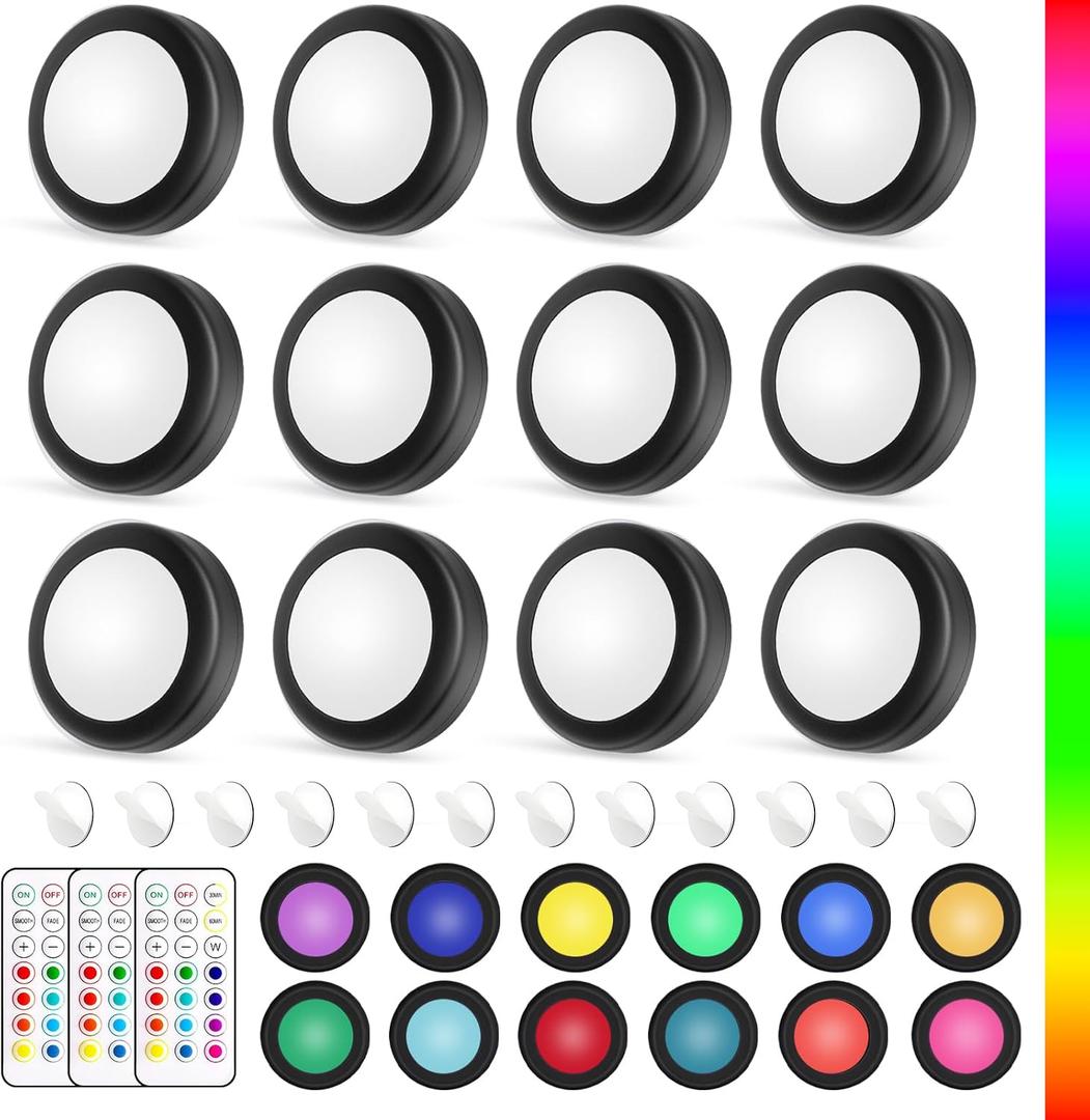 Yiliaw LED Puck Lights with Remote Control, AA Battery Operated, 12 Color Closet Under Cabinet Lighting, Push Tap Light, Under Counter for Kitchen, 12 Pack, Black-Magnetic