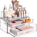 Delamu 3-Tier Clear Makeup Organizer with Drawer, Acrylic Cosmetic Display Case for Makeup Vanity Bathroom Counter Organizers and Storage, Stackable Vanity Organizer for Brushes Lipsticks Skincare