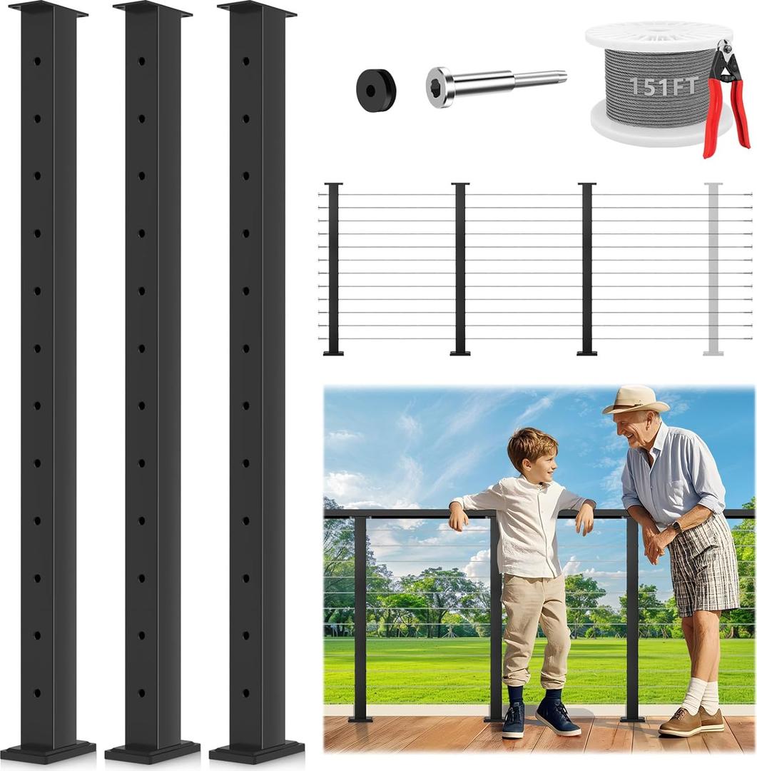 42" One-Stop Cable Railing Post Kits, 3 Pack Fixed Top Level Drilled Line Post, Cable Railing System Including 3 Railing Post, 151ft Cable, 24 Terminal, 72 Cable Grommets (No Handrail)