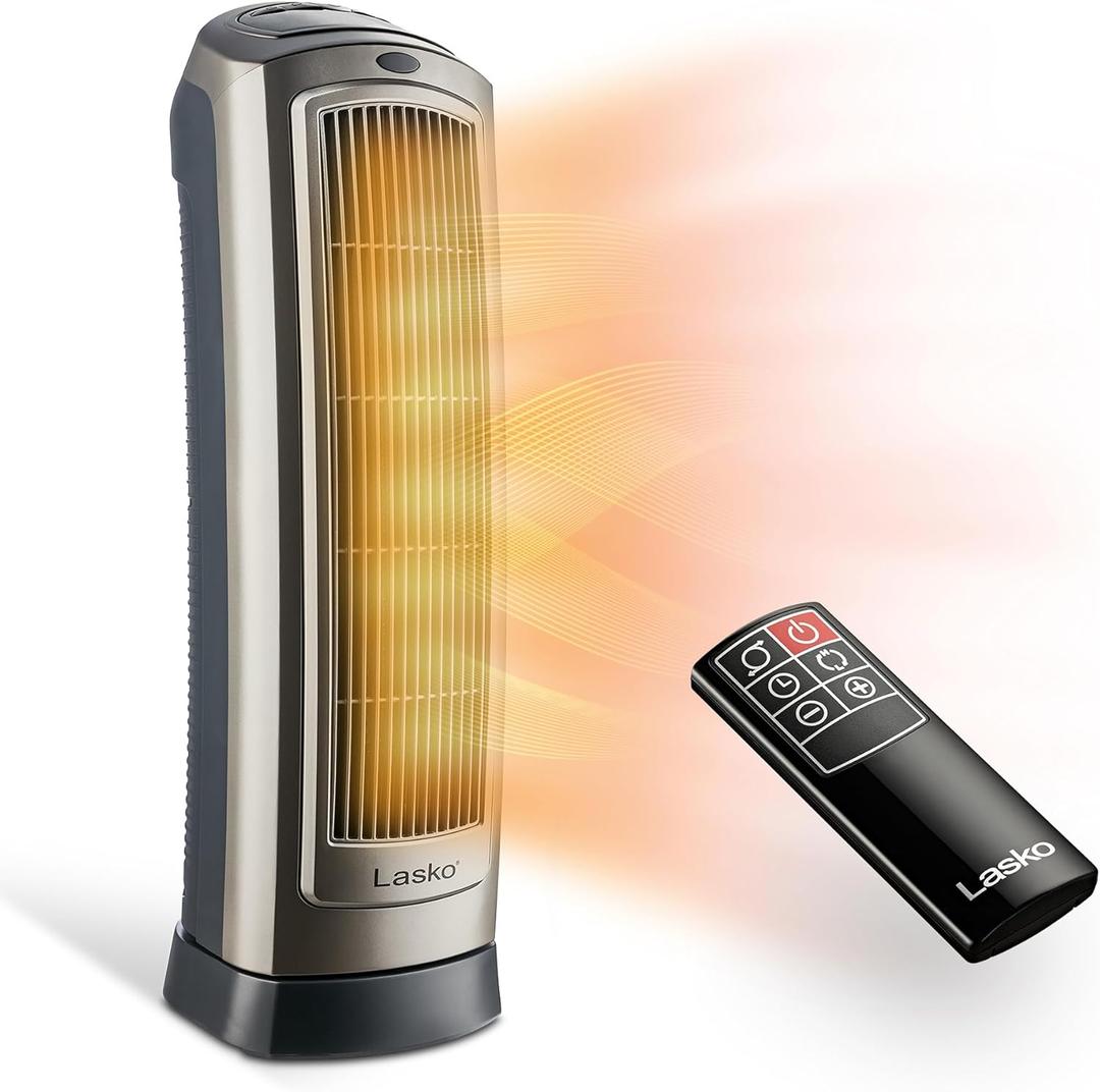 Lasko Oscillating Digital Ceramic Tower Heater for Home with Adjustable Thermostat, Timer and Remote Control, 23 Inches, 1500W, Silver, 755320, 8.5L x 7.25W x 23H, Silver