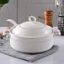 White Soup Tureen with Gold Design, Double Handle Soup Serving Bowl with Lid and Spoon Bone China Tableware, 1.5L