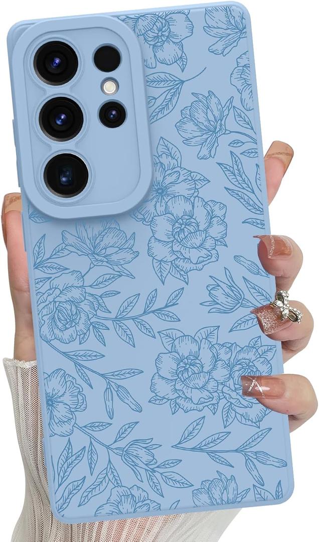 MZELQ for Samsung Galaxy S25 Ultra Case, Silicone Floral Flowers Rose Cute Pattern, Camera Protection Soft Slim Phone Case for Girls Women -Blue