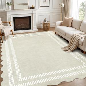 Washable 8x10 Area Rugs for Living Room, Solid Ivory Large Bedroom Rug Non-Slip Ultra-Thin Dining Room Rugs, Soft Scalloped Carpet for Nursery Kids Room Office