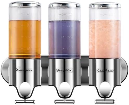 Shampoo Conditioner Body Wash Dispenser, 3 * 500ml Refillable Shower Soap Dispenser 3 Chamber No Drill, Wall-Mounted for Bathroom Shower or Hotel (Colorless)