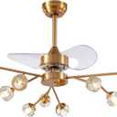 Siljoy 9-Light Farmhouse Sputnik Crystal Ceiling Fan with Light and Remote, Brass Gold Fandelier with Quiet Reversible Motor, 6 Speeds, 3-Color Change for Living Room Bedroom Patio 35.4 Inch