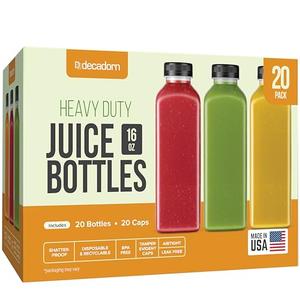 DECADORN 16oz 20pcs Juice Bottles With Caps - MADE IN USA Juice Containers With Lids For Fridge - Juicer Bottles With Tamper Evident Caps, Shatterproof, BPA-Free, Leak proof, Disposable & Recyclable