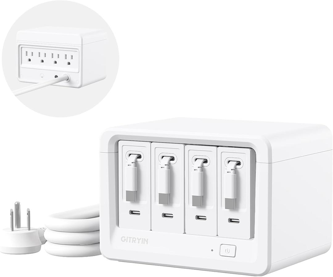 Gitryin 12-in-1 Desktop Charging Station with 4 Retractable Wall Chargers, 40W USB-C Power Strip with 4 AC, 4 USB C, 4 Type-C 31.5in Cables, Extension Cord with 1020J Surge Protection for Home Office