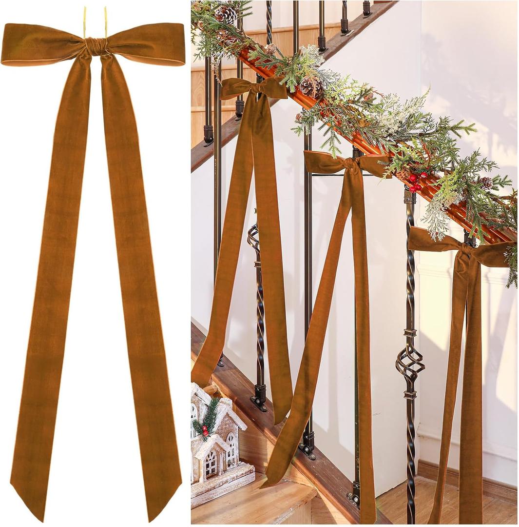 6 Pcs Large Velvet Christmas Bow 10'' x 33'' Pre Tied Velvet Ribbon Bows Wired Christmas Tree Topper for Xmas Garland Home Door Outdoor Decorations(Brown)
