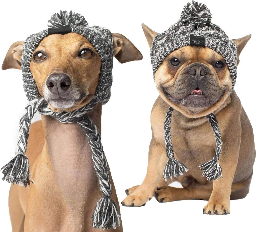 SEIS Winter Dog Knitted Hat with Puffball Warm Pet Cap Fashion Gray Cat Headband Protector for Medium Dogs (Gray, M (Head 41-51cm/ 16.1"-20.1"))