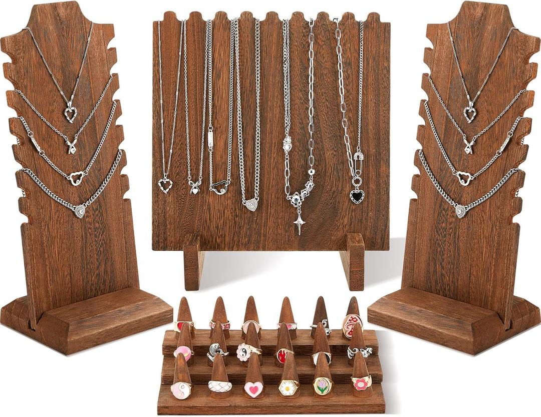 Jerify 4 Pieces Wood Necklace Display Holder Wood Plank Necklace Jewelry Display Ring Display for Selling Necklace Holder Stand Finger Ring Display for Jewelry Showcase Storage Home Display