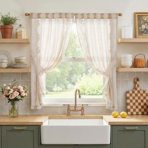 jinchan Belrose Linen Floral Cafe Curtains 45 Inch Length Embroidered Farmhouse Curtains for Kitchen Bedroom Bathroom Small Windows Curtain Set Light Filtering 2 Panels Ivory