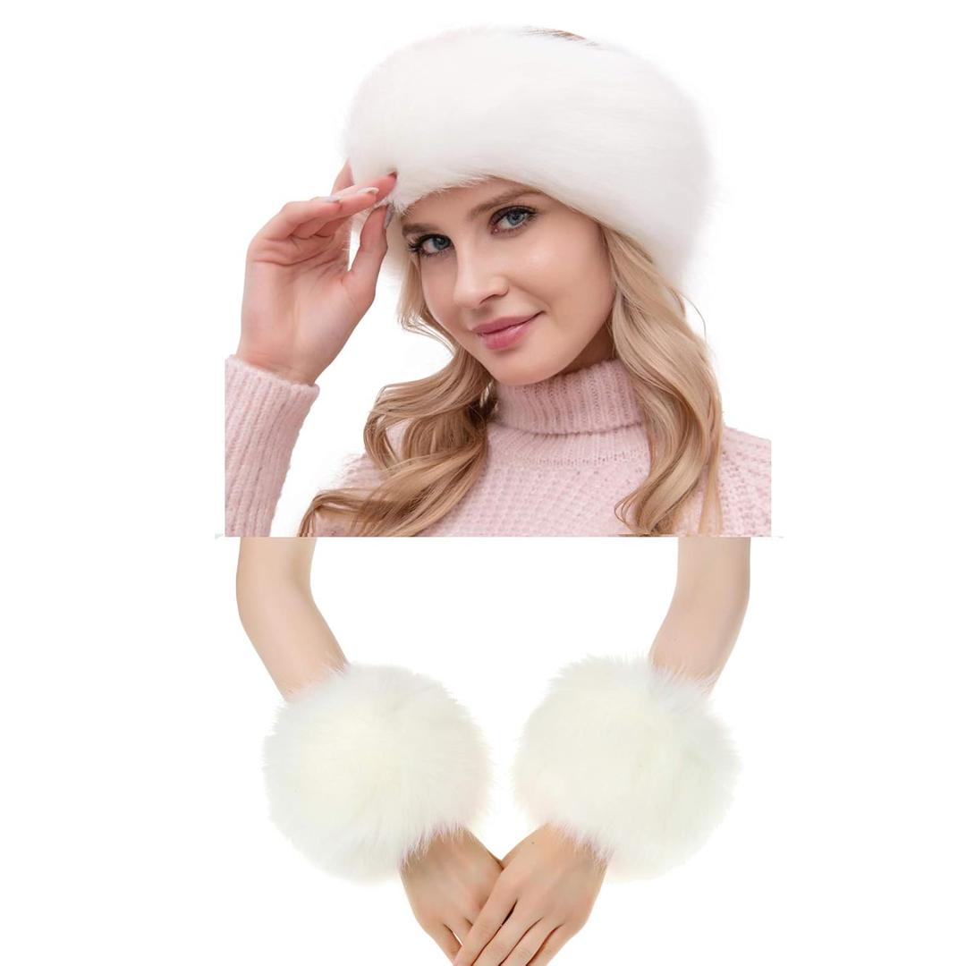 3 Pieces Faux Fur Headband Arm Warmers Wrist Cuffs Earmuff Ear Warmer for Cold Weather Furry Costumes (White)
