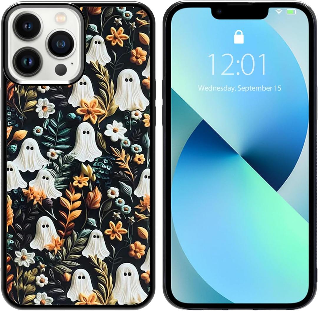 Cute Small Spooky Halloween Ghost Phone Case, Flower Ghost iPhone 13 Pro Max Case, Non-Slip Pattern Design, Soft Silica Gel Frame Support Phone Case for Teen Girls and Boys, Women and Men