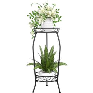 VECELO 2 Tier Metal Outdoor Plant Stand Indoor, Rustproof Stable 19.3 Iron Flower Stand, Decorative Multiple Heavy Duty Plant Holder, Black