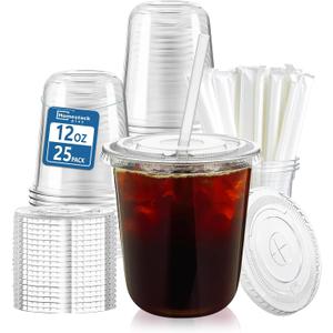 Homestockplus 25 Pack 12 oz Clear Plastic Cups with Lids and Straws, Leak-Proof Iced Coffee Cups BPA-Free Disposable To-Go Cups for Iced Coffee, Smoothies, Juice, Kids, Daily Use & Small Gatherings