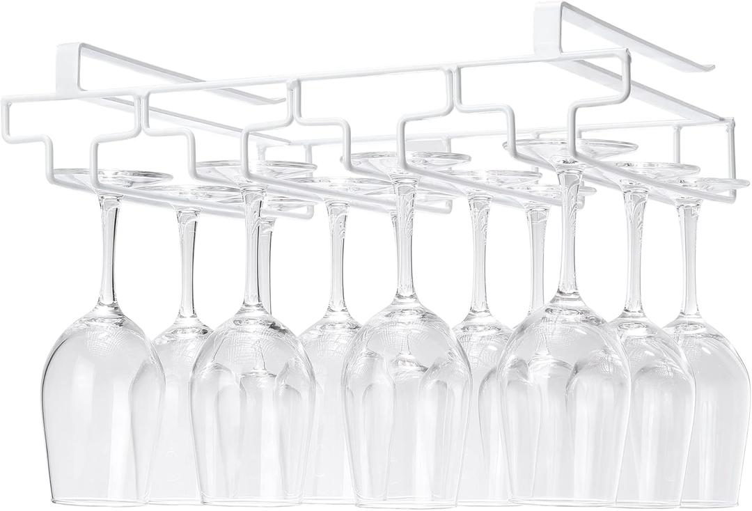 Wine Glass Rack Under Cabinet Drilling Free No Screw Steamware Holder Under Shelf Metal Wine Glasses Holders 304 Stainless Steel Hanger Storage Organizer Hanging Glass Fit for Bar Kitchen 4 Rows White