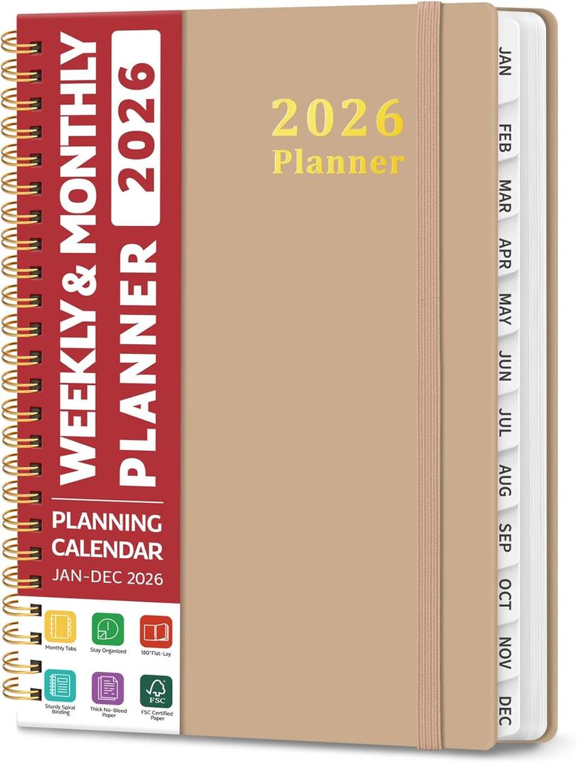 2026 Planner, Weekly and Monthly Calendar Planner, January 2026 - December 2026, Hardcover 2026 Calendar Book with Tabs For Women & Men, Inner Pocket, Spiral Bound, Perfect for Office Home School Supplies - A5 (6.3" x 8.5"), Oat Brown