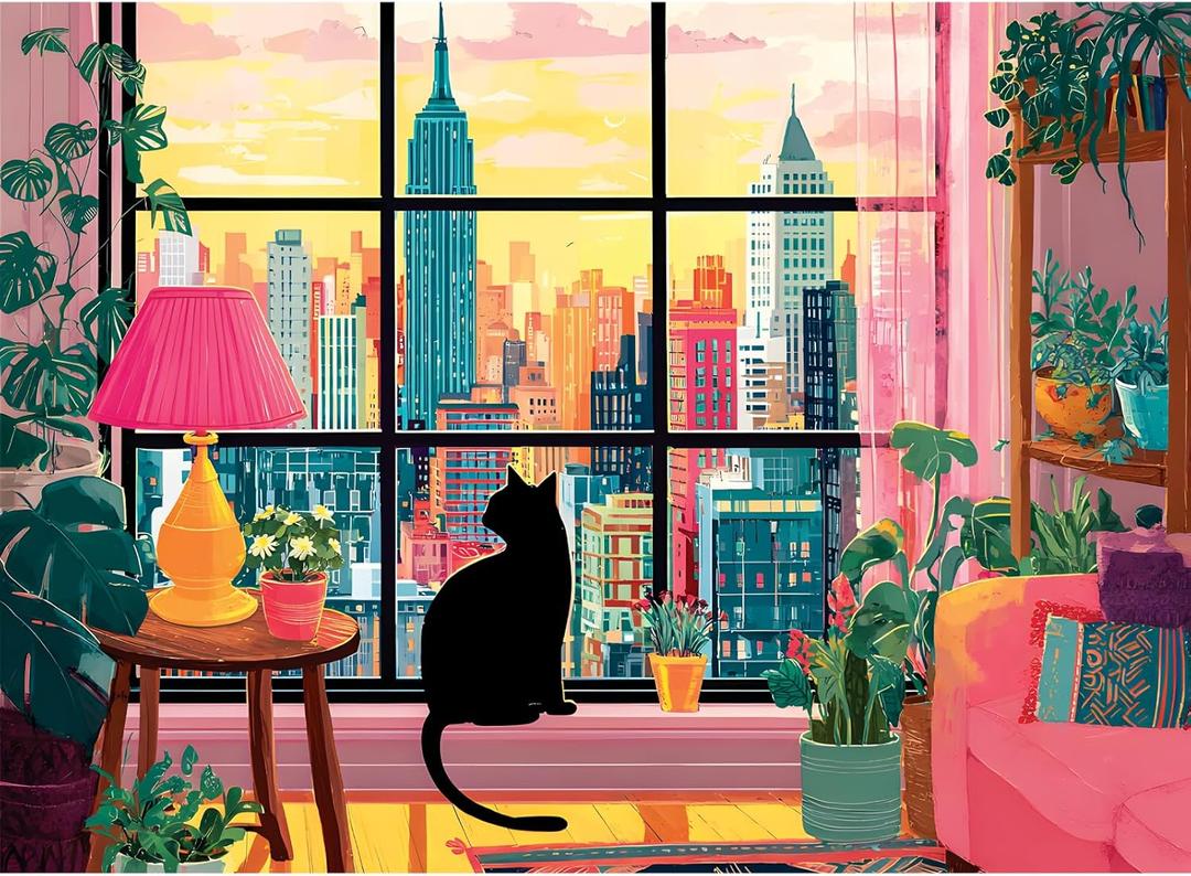 500 Pieces Jigsaw Puzzles for Adults, Black Cat in City Jigsaw Puzzle for Adults Elders Seniors, Colorful Art Jigsaw Puzzle, Interlock Letter on Back, Home Decor Birthday Party Gift Toys 20.5 x 15 in