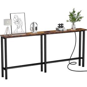 Keelian 70" Narrow Console Sofa Table - Power Outlets & 2 USB Ports, Metal Frame, Rustic Brown, Perfect for Hallway, Office, and Behind Sofa - Easy Assembly, 4.9' Extension Cord Included