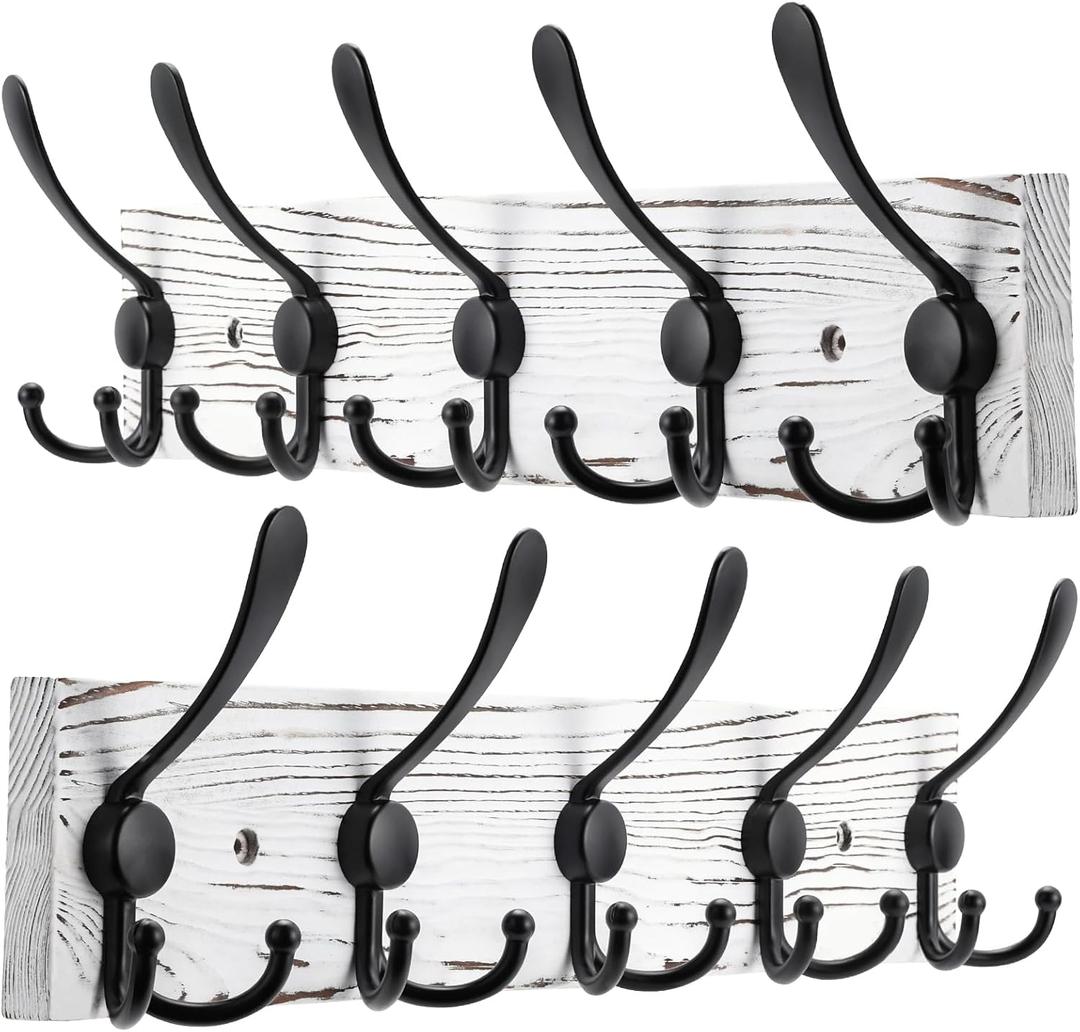 2pcs Coat Rack Wall Mount Wooden Hat Rack for Wall Hooks Pine Real Wood Plank 16.9" Old White Coat Hanger with 5 Black Triple Hooks for Hanging Coat Hat Jacket