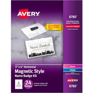 Avery Customizable Name Badges, Magnet Style, 3" x 4", Clear Name Tag Holders, White Laser/Inkjet Printable Inserts, 24 Total (8780) (True)